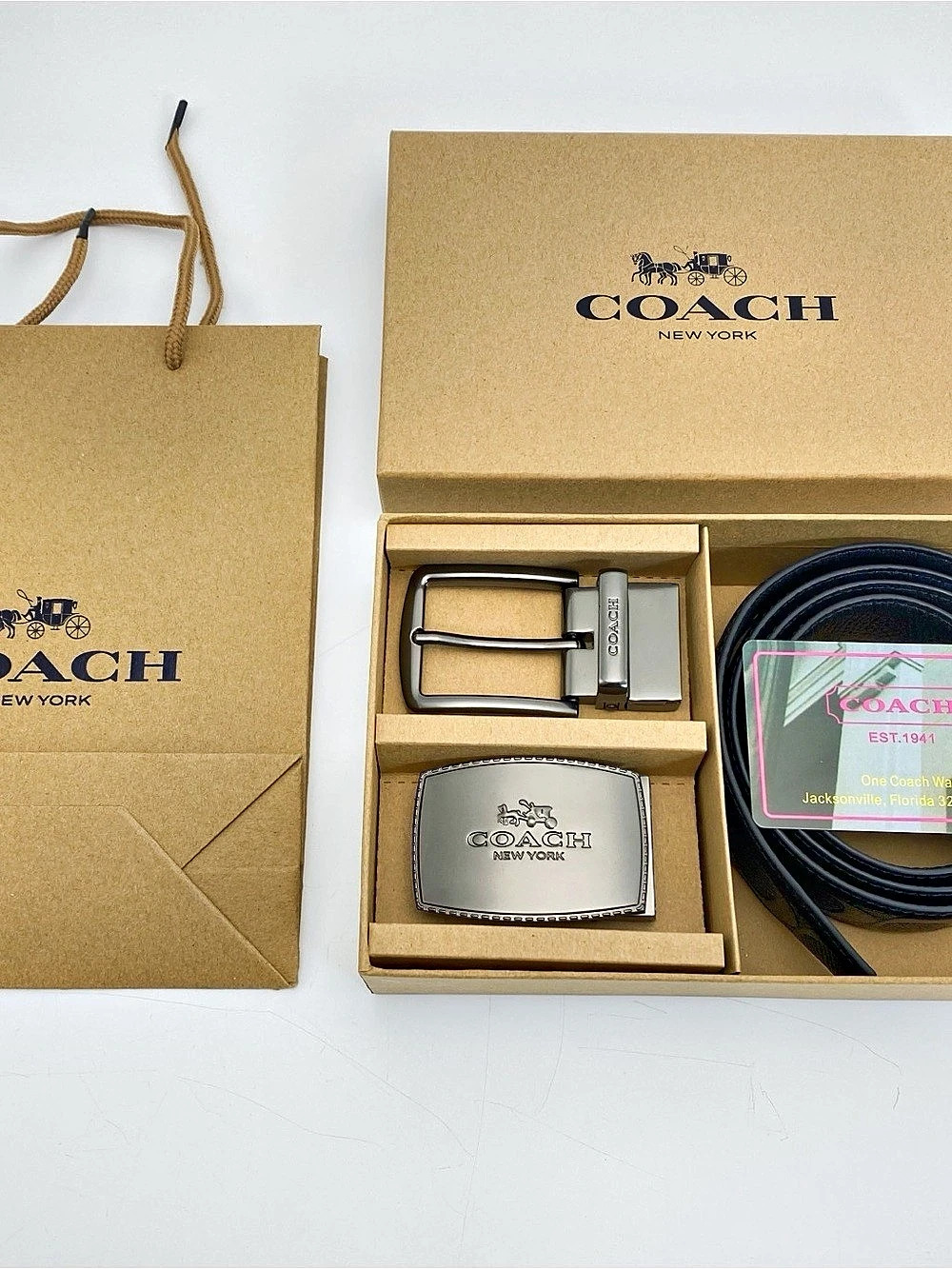 Coach Boxed Plaque And Harness Buckle Cut-To-Size Reversible Belt Set Black & S